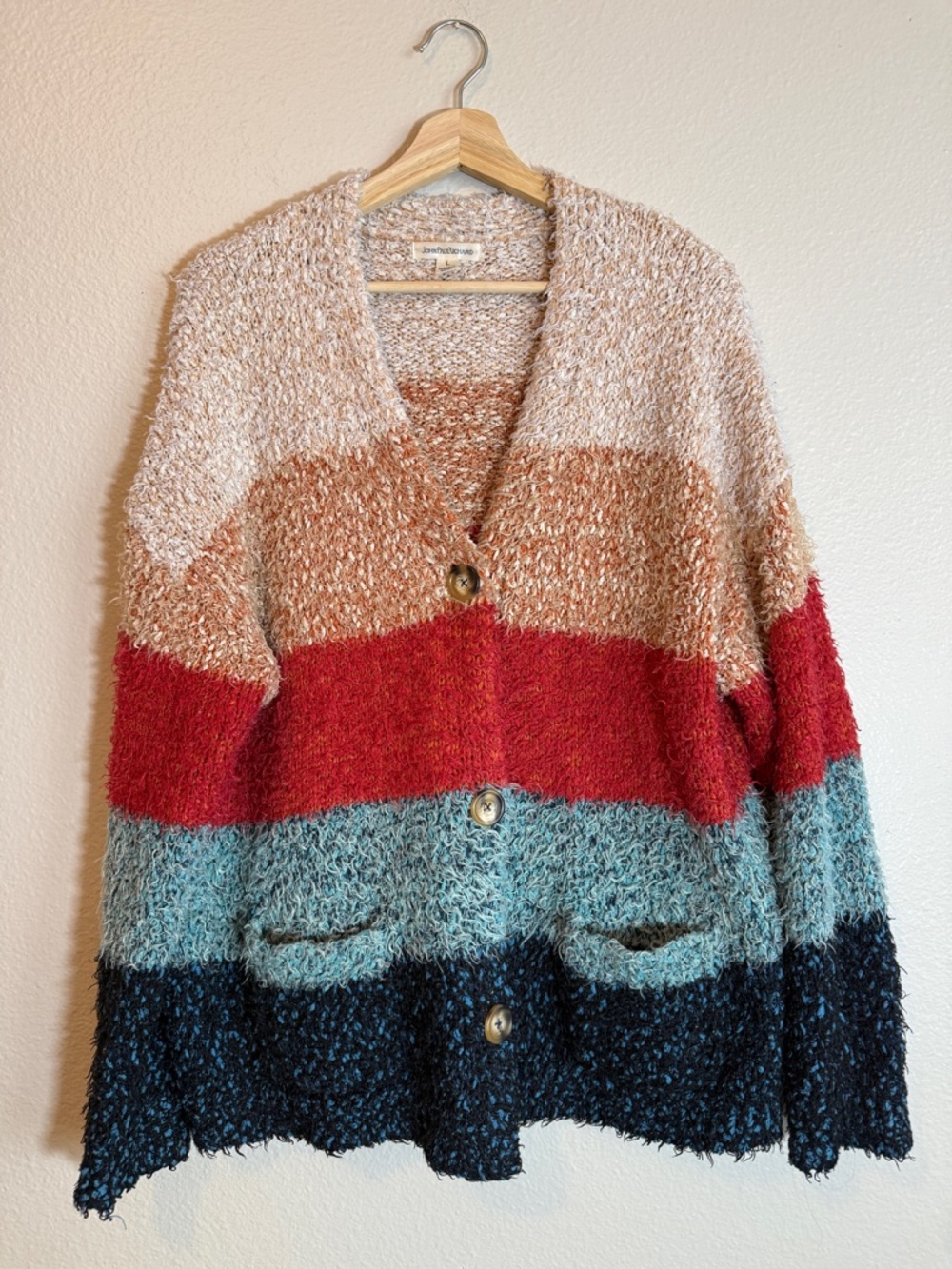 John Paul Richard Eyelash Knit Colorblock Cardigan Sweater Size L Boho Cozy